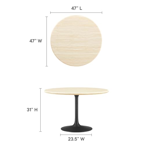 Image of Modway Lippa 48 inch Round Artificial Dining Table with Tapered, Metal Base, Black Travertine