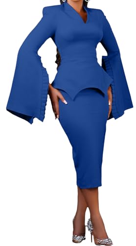 Qikaka Women's 2 PCS Plus Size Wide Ruffles Sleeve T-shirts Tops Bodycon Skirts Sexy Nightclub Party Dress Outfits Set - Main Image