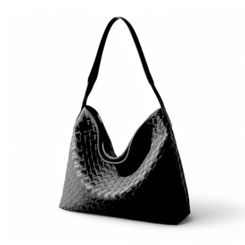 Woven Leather Shoulder Bag, Black Tote, 15 x 14 x 5 inches