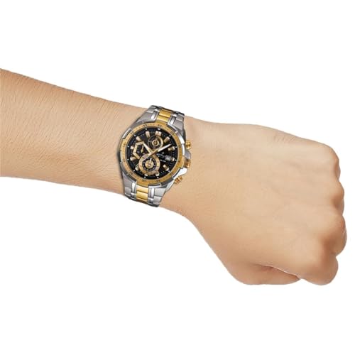 Image of Edific Analog Chronograph Men's Watch - Stainless Steel Two-Tone Gold & Silver Strap, Black Dial, Date Display