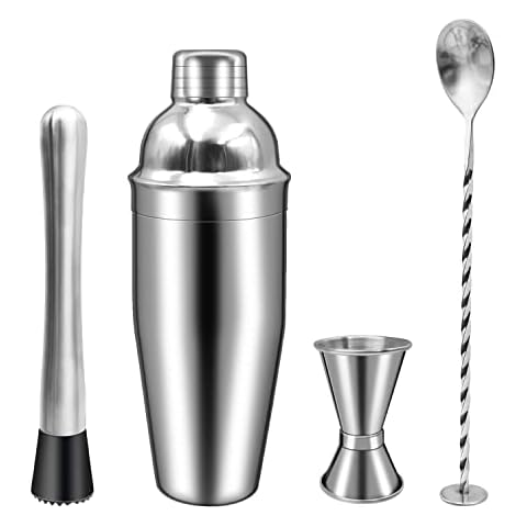 Cocktail Shaker 4 Stück Cocktail Set Cocktail Mixer Bar Zubehör Cocktail Shaker Set 750ml Edelstahl Cocktailshaker inkl. Doppel Messbecher Barstößel Cover
