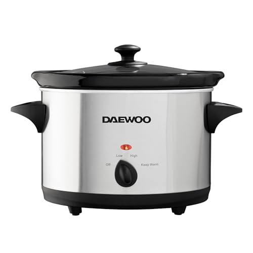 Daewoo SDA1364 Stainless Steel Slow Cooker | 3.5L Capacity Stoneware Pot | Easy to Clean | Dishwasher Safe Pot & Lid | 3 Different Heat Settings | Usage-160W Power, Steel, Silver
