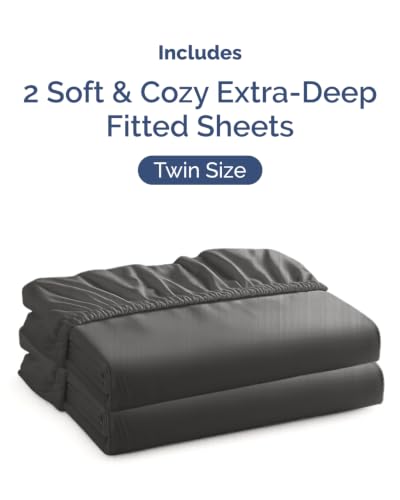 Image of 2 Pack Extra Deep Twin Fitted Sheets with Extra Deep Pockets - Charcoal | Hotel Luxury Bottom Fitted Sheets Only, Soft, Fade & Wrinkle Free, Breathable & Comfy, All Around Elastic Fitted Sheets
