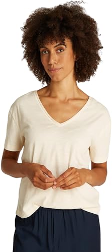 Tommy Hilfiger Camiseta Manga Corta Mujer con Cuello de Pico, Beige (Calico), M
