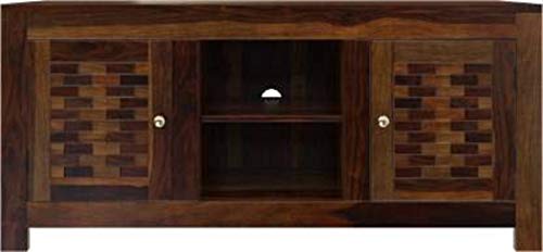 Image of Sheesham Wood Entertainment TV Unit Cabinet with 2 Door and 2 Shelf Storage for Home Living Room Solid Wooden Furniture for Hall & Office Decor - (Brown Finish)