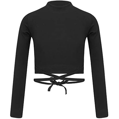 YiZYiF Mädchen Langarm Crop Top Bauchfrei Rollkragen Sportshirt Unterhemd Ballett Tanz Gymnastik Oberteile Trikot Workout Fitness Shirt Schwarz_B 152-164/12-14 Jahre Cover