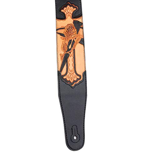 Walker & Williams Cvg-21 Black Padded Leather Guitar Strap Hand Tooled Christian Rose & Cross For Acoustic, Electric, And Bass Guitars #TOP17