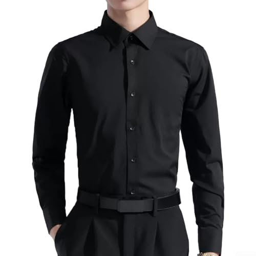 Herrskjorta, smal passform långärmad formell affärskläder skjorta blus kostym knapptopp för kontor professionell (L svart)