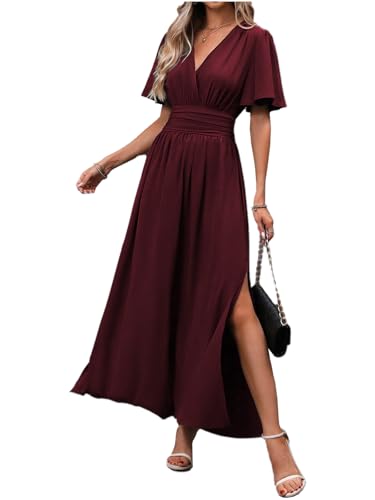LUVCES Femme Robe Elegante Col en V Taille Haute Robe Longue d'été Plissée Manches Papillon...