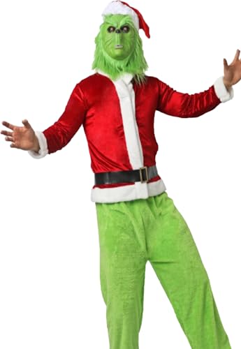 Gojoy shop-Disfraz de Monstruo de la Navidad para Niños y Adultos Navidad Pascua (Contiene:Gorro,Chaqueta,Pantalón,Cinturón,Guantes,Mascara y Mochila de Cuerdas.) (adulto L=160-170CM)