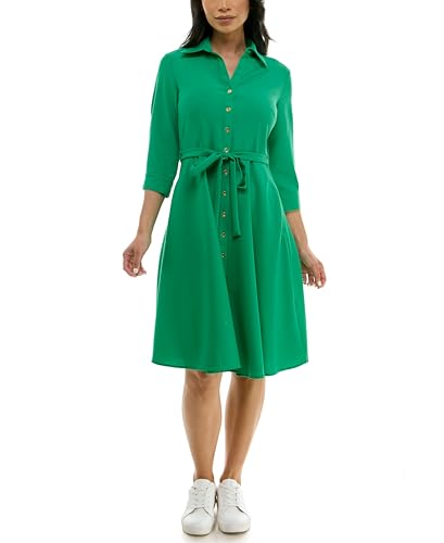 Image of Sharagano Women's Pleated Shirt Dress - 3 /4 Sleeve, V-Neck, Gold Buttons