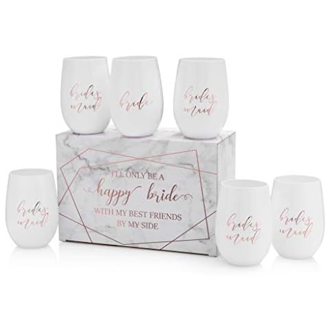 Loco Llama Classy Bride & Bridal Party Proposal Wine Glasses - 100% Unbreakable Tritan Plastic with Foil Accents - 16 ounces (Bride & Bridesmaids, 6) Cover