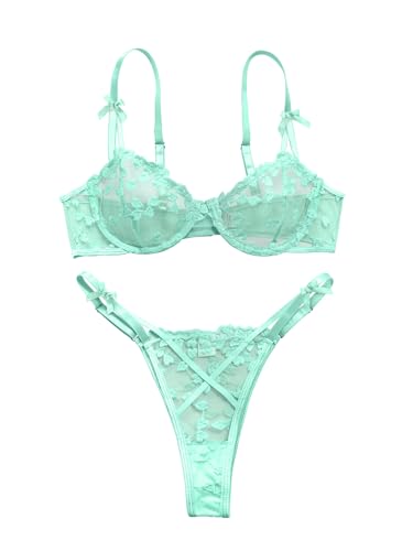 Image of Lilosy Sexy Underwire Cute Push Up Strappy Embroidered Mesh Sheer Lingerie Set See Through Panty Bra