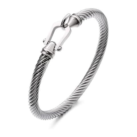 Caiyao Stainless Steel Cable Bracelet for Women and Men Cuff Twisted Wire Minimalist Bangle Bracelets Jewelry with Hook Clasp-Silver 2.44in Cover