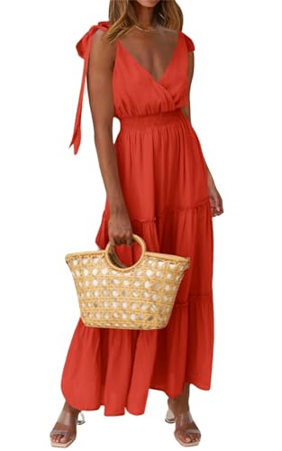Image of PRETTYGARDEN Women's Cross Neck Summer Sleeveless Tiered Maxi Dress Beach Tie Strap Smocked Long Dresses Pleated Sundress