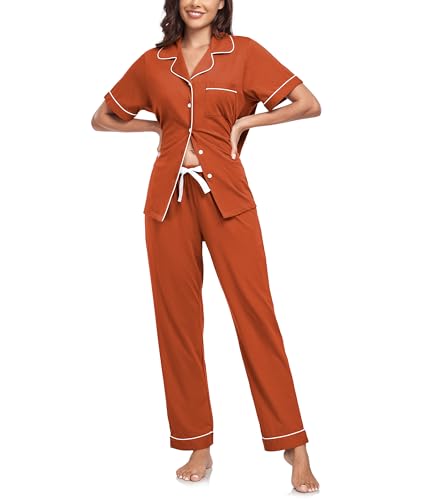 Image of CF Womens 100% Cotton Pajamas Set Button Down Pjs Sets Short Sleeve Top & Long Pants Sleepwear Comfy Loungewear with Pockets