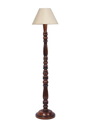 Image of Floor Lamp with Wooden Base - Height 55 inch, Light Tan | Modern Standing Lamp for Living Room, Bedroom & Office | Stylish & Elegant Home Lighting Decor | Decorative Lamp