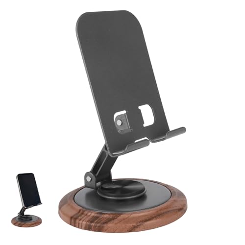 Penitue Wood Phone Holder, 360-Degree Wooden Table Rotating Adjustable Desk Mobile Phone Stand Desktop Telephone Mount Bracket for Office Kitchen Bathroom Accessories