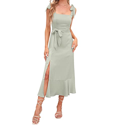 Abendkleider Elegant für Hochzeit Damen Sommer Sexy Spaghetti Kleid mit Schlitz Sommerkleid Hochzeitsgäste Festliche Hochzeitskleid Cocktailkleid Partykleid Abschlusskleid Lang Ballkleider Hellgrün M