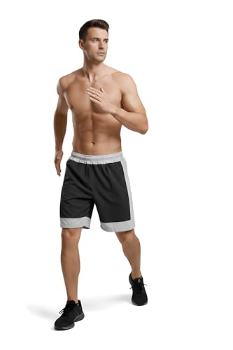 Image of Men's Athletic Shorts, Black and Grey Color Block Sports Shorts with Elastic Waistband