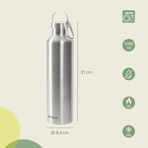 wenco Trinkflasche Edelstahl 1l / 1000ml isoliert und auslaufsicher für kalte und heiße Getränke auch als Thermoskanne verwendbar – mit Teesieb – BPA frei – silber