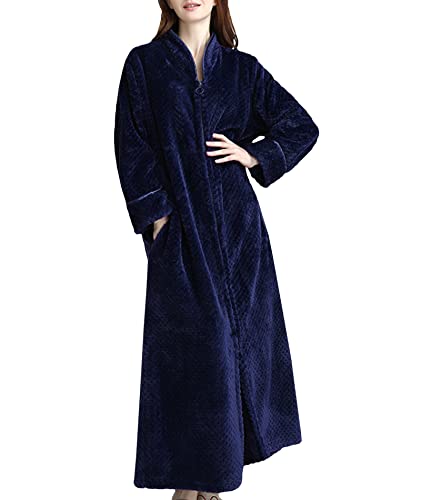 SOMTHRON Mujer Cremallera Larga Albornoz Franela Forro Polar Túnicas Invierno Albornoz Cálido Camisón Ropa de Dormir P, azul oscuro, M Cover