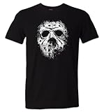 Nature V Society, Distressed Jason Mask Shirt Camp Crystal Lake 80s Slasher Legend - (Black, Large)