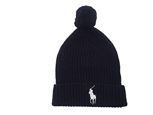 Polo Ralph Lauren Mens Windsor Polo Big Pony Ribbed Cuffed Pom Pom Beanie (Navy(433)/White, One Size)
