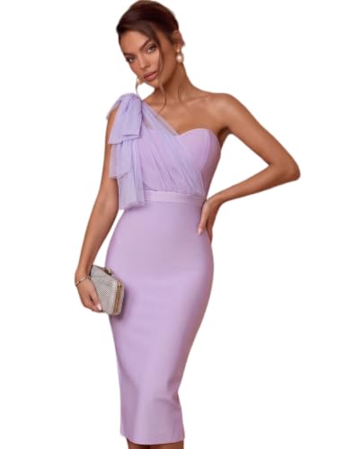 Image of houstil Women's One Shoulder Cocktail Bandage Dress Midi Party Mesh Bow Bodycon Wedding Guest Dresses