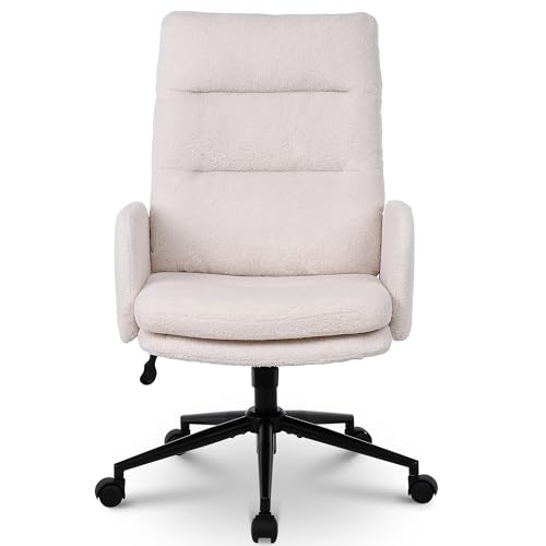 Flysky Office Chair for Home, Teddy Fleece Desk Chair，Computer Chair with Adjustable Height，Comfy Chair for Home Study and Bedroom, Beige
