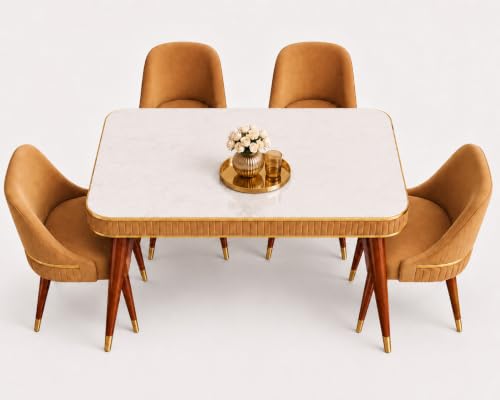 Image of WOODEN SPACE 4 Seater Wooden Dining Table Set | Urban Marble Top Dining Table with Chairs for Dining Room & Kitchen (Modern Grand Aura Mustard) (54 x 36 x 30 inch)