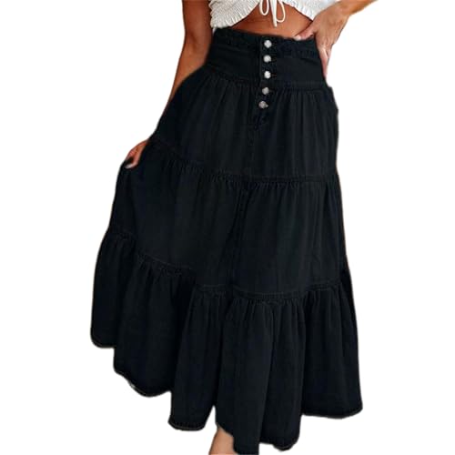Ruffle Denim Maxi Skirts for Women Y2K High Waist Tiered Ruffle Swing A Line Long Jeans Skirt Vintage Boho Flowy Skirt