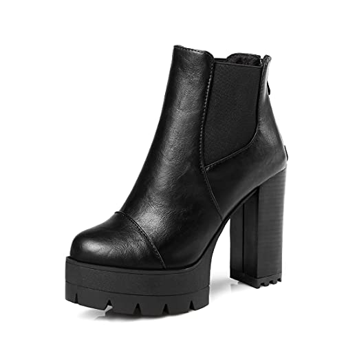 VOKLIN Women's Platform Chunky Block High Heel Ankle Boots Round Toe Side Panel Zipper Dressy Short Booties