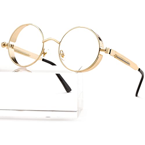 AIEYEZO Round Steampunk Sunglasses for Men Women Gothic Glasses Vintage Circle Metal Frame 100% UV Blocking Lens (Gold/Red Mirrored)