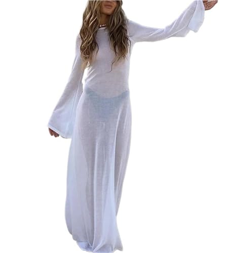 Vestido de playa sexy con espalda abierta y tejido calado de manga larga