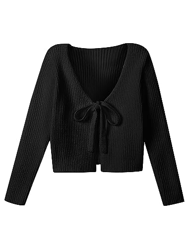 Mebius Girls Long Sleeve Cropped Cardigan Sweater Kids Ribbed Knit V Neck Tie Front Bolero Shrug Top School Casual