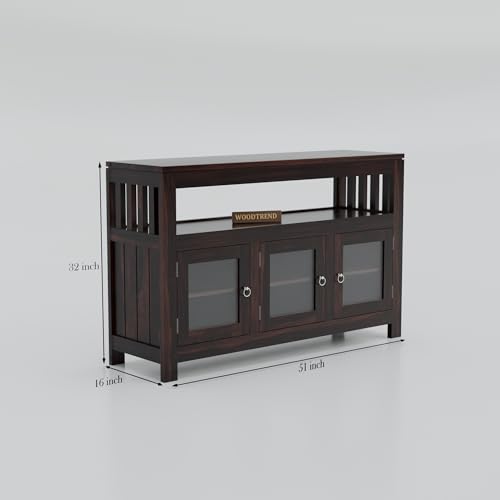 Image of Solid Wood Sideboard Cabinet for Living Room | Wooden Storage Cabinet with Acrylic Glass Doors & Open Shelf (Walnut Finish)