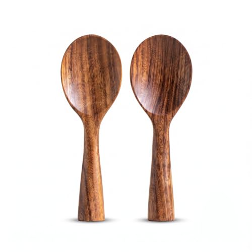 Ninefish Acacia Wood Rice Paddle Set, 2-Piece Non-Stick Wooden Standing Rice Spoon Scooper Spatula, Heat Resistant Rice Cooker Spoon, Durable Natural Wood Serving Utensils for Rice & Potato Servers
