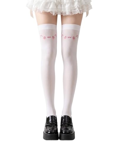 CAT KO Womens Kawaii Thigh High Socks Cute Cat Anime Kaomoji Over the Knee High Stocking for Cosplay (US Alpha One Size Regular Regular Pink Cat)