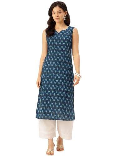 Image of feranoid Women's Pure Cotton Floral Print Straight Kurti | Elegant Curved V-Neck | Sleeveless Calf-Length Ethnic Wear | Comfortable Regular Fit | Sizes XS-XXL