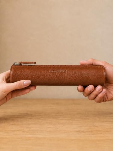 Image of Calfnero Genuine Leather Pen-Case for Men & Women | Premium Leather Pencil-Pouch with Zipper (Tan) | Cylindrical Pen-Holder Organizer for Pen, Pencils & Stationery | Unisex Pen-Sleeve
