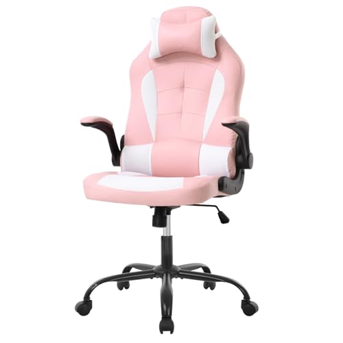 Ruesleag PC Gaming Chair Ergonomic Office Computer Chair High Back Video Racing Chair w/Lumbar Support Flip Up Arms Headrest PU Leather Study Desk Chair Executive Office Chair for Adult,Pink