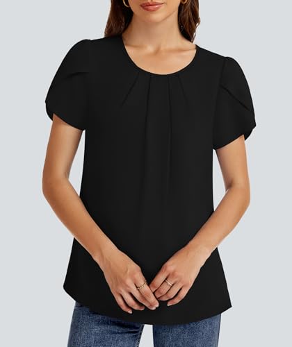 Funlingo Womens Tops Dressy Casual Summer Tunic Chiffon Blouse Pleated Front Crew Neck Shirts Loose Fit Business Flowy Top4