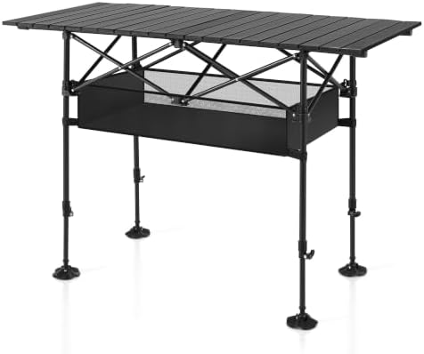 HIGH POINT SPORTS Campingtisch Faltbar Höhenverstellbar Klapptisch 120 x 55cm Aluminiumrahmen Aufrollbare Tischplatte Falttisch mit Tragegriff & Ablagenetz Outdoortisch Tragbar für