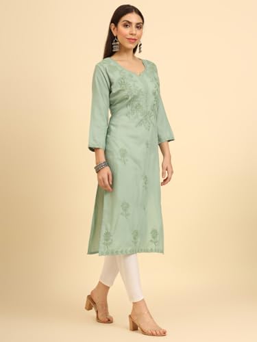 Image of Women's Chikankari-Lucknowi Embroidered Work | 3 /4 Sleeve | Knee Length | Round Neck | Cotton Fabric | Straight Kurta