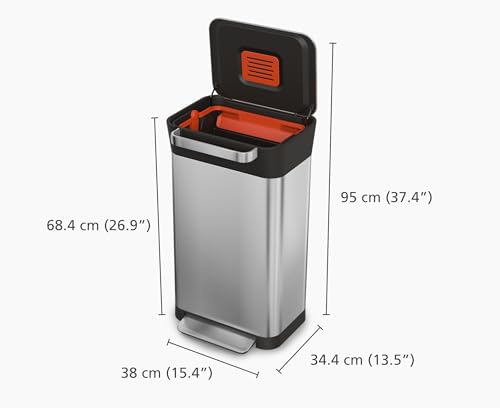 Joseph Joseph Intelligent Waste Titan Trash Can Compactor with Odor Filter, Holds Up to 90L After Compaction, Stainless Steel, 30L