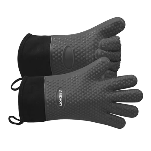 Image of GEEKHOM BBQ Gloves Heat Resistant Oven Mitts - Silicone Grilling Gloves with 13.7 inch Arm Protection - Waterproof Pot Holder Non-Slip for Men & Women, Kitchen Outdoor Cooking, Baking, Camping, Gray
