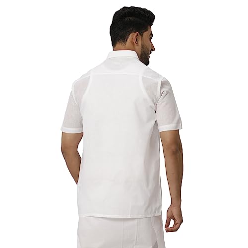 Image of RAMRAJ COTTON Men White Half Sleeve Shirt Crafted For Comfort| Durability| And Timeless Everyday Style