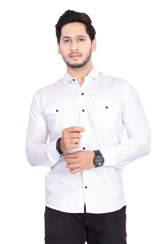 Image of Men's Cotton Spread Collar Full Sleeve Regular Fit Solid Casual Shirt with Double Pockets - Stylish Comfortable Shirt for Everyday Wear