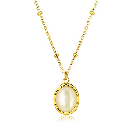 MVCOLEDY Jewelry Natural Shell oval snow-white birthstone 14 K gold Plated Stainless Steel Necklace, Handmade Dainty Minimalist birthstone Necklace for Women,Gift for Mom. (White)